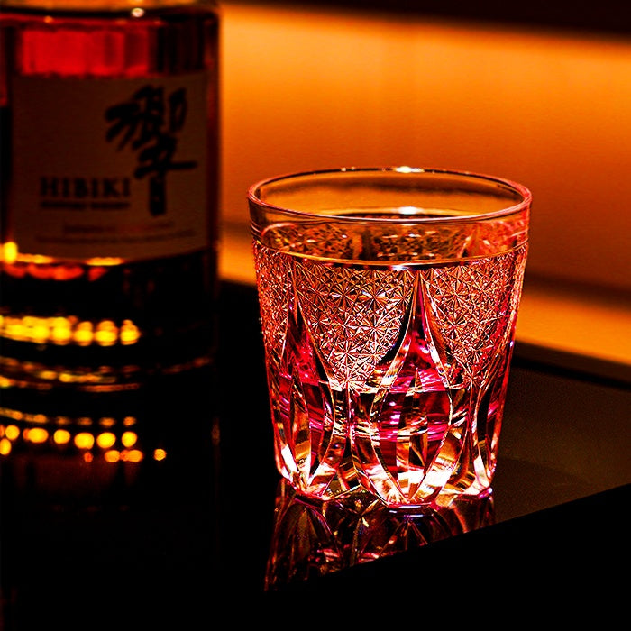 Edo Kiriko Handcrafted Crimson Flame Whisky Glass With Wooden Box