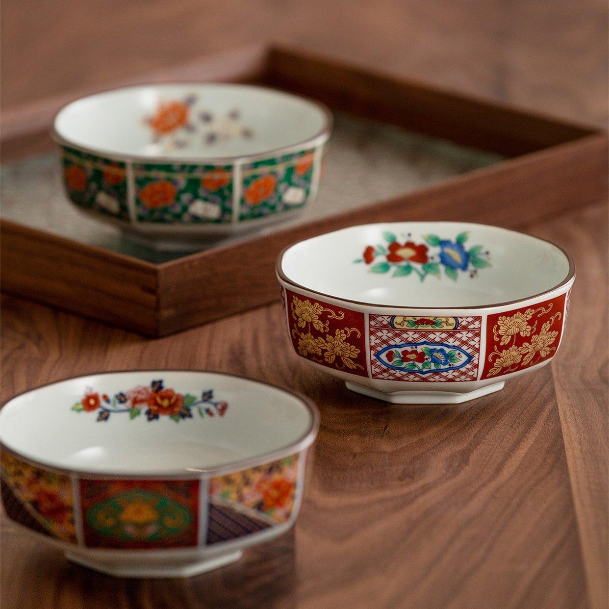 Japanese Mino Ware Court Dyed Brocade Octagonal Bowls Set