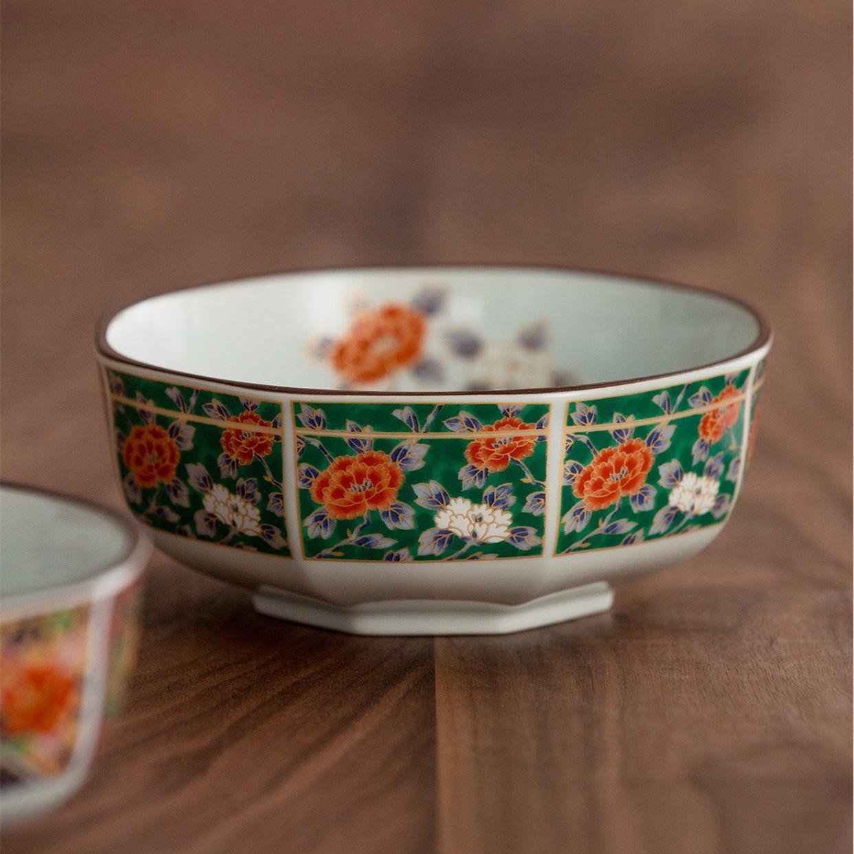 Japanese Mino Ware Court Dyed Brocade Octagonal Bowls Set