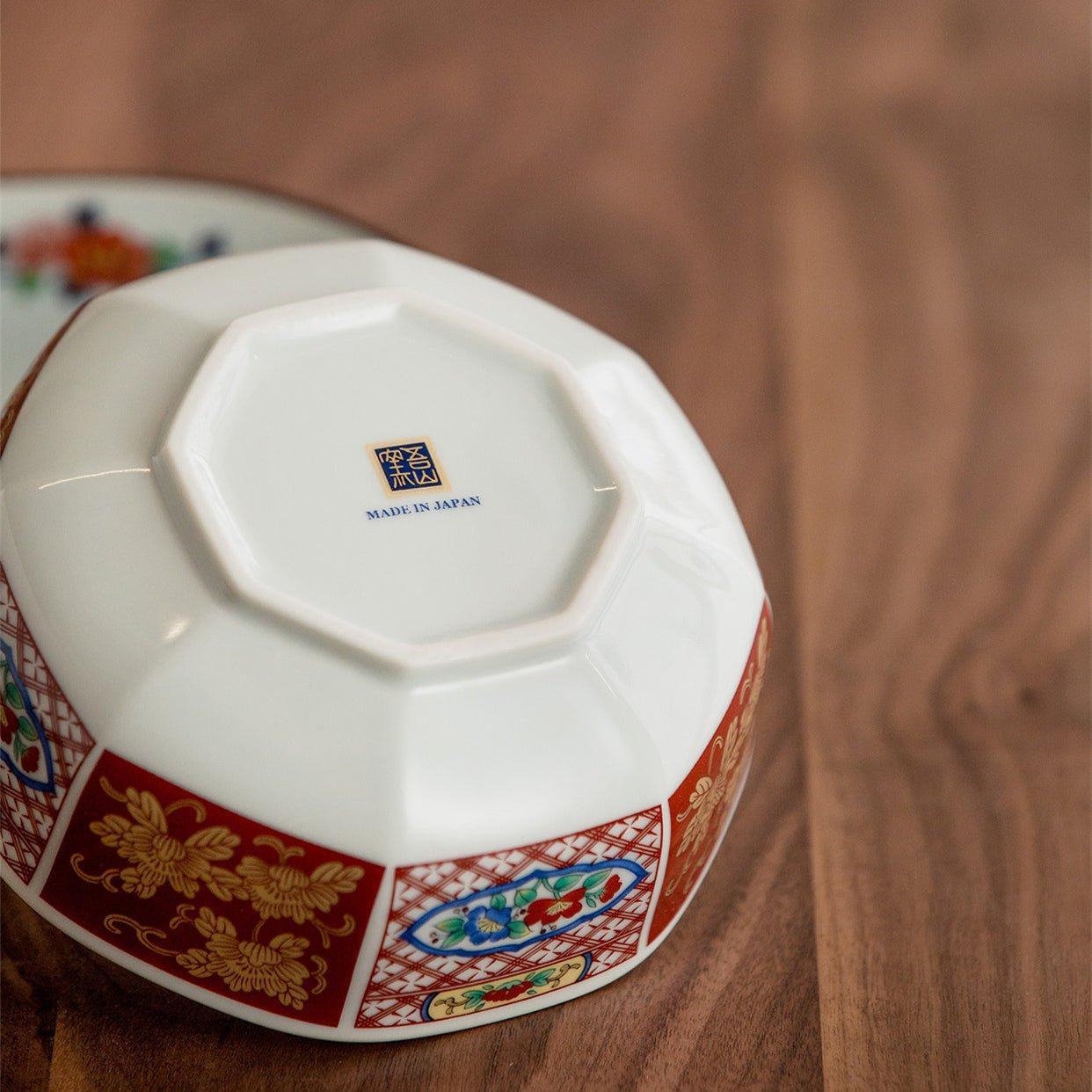 Japanese Mino Ware Court Dyed Brocade Octagonal Bowls Set