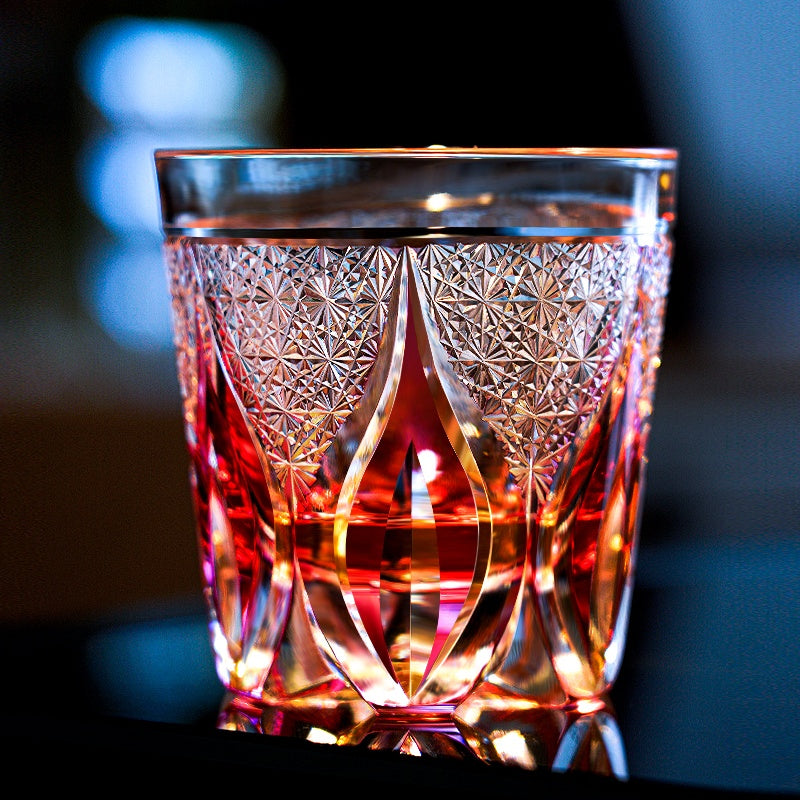 Edo Kiriko Handcrafted Crimson Flame Whisky Glass With Wooden Box