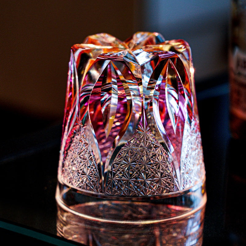 Edo Kiriko Handcrafted Crimson Flame Whisky Glass With Wooden Box