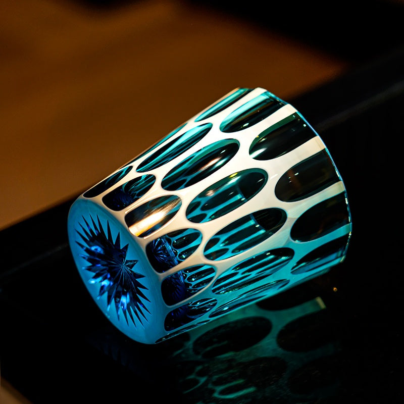 Edo Kiriko Handcrafted Aomidori Wave Glass With Wooden Box