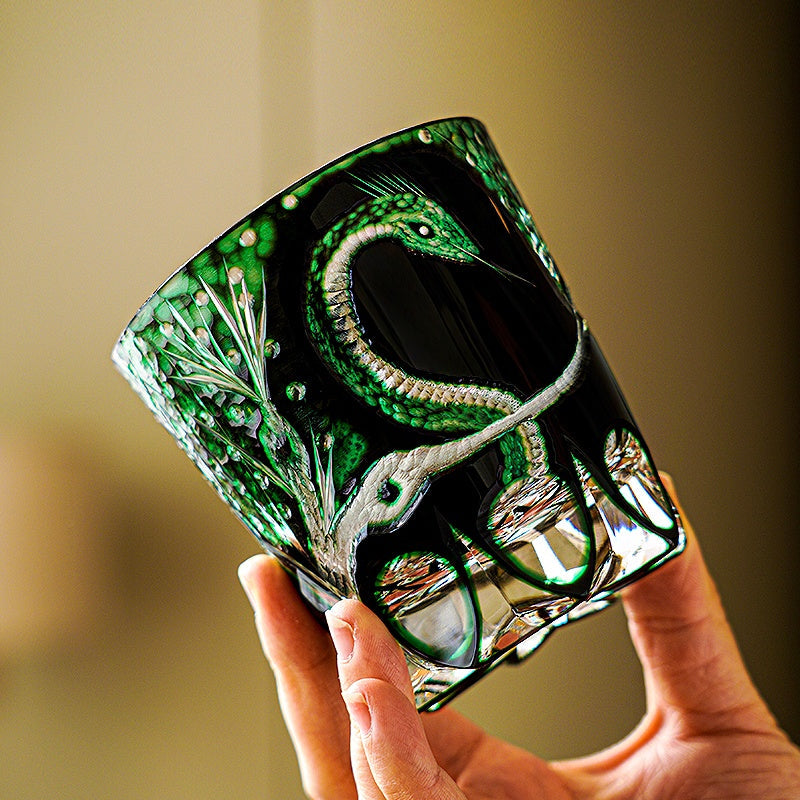 Edo Kiriko Handcrafted Green Serpent Whisky Glass With Wooden Box