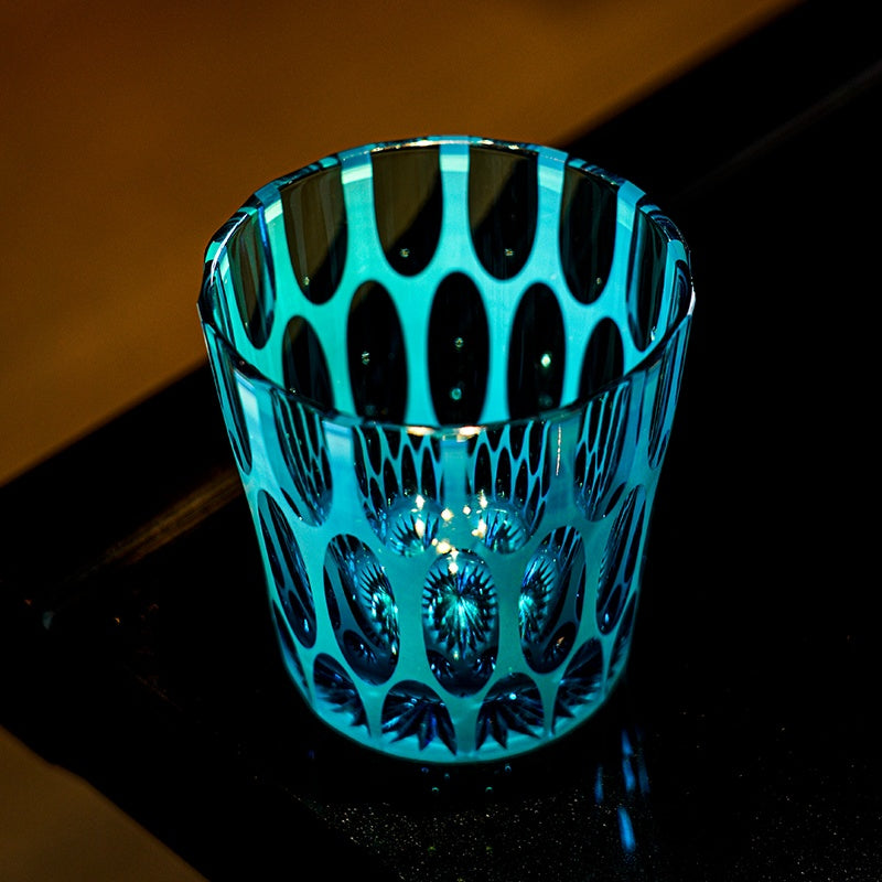 Edo Kiriko Handcrafted Aomidori Wave Glass With Wooden Box