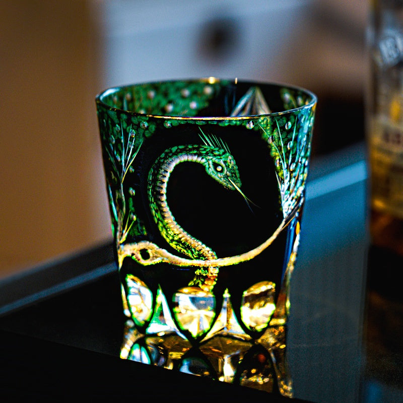 Edo Kiriko Handcrafted Green Serpent Whisky Glass With Wooden Box