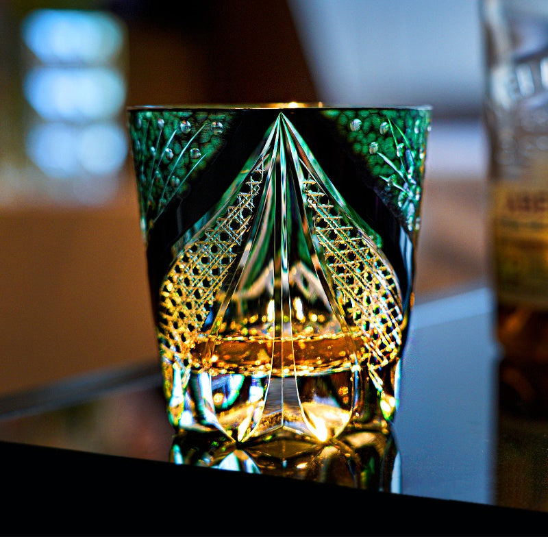 Edo Kiriko Handcrafted Green Serpent Whisky Glass With Wooden Box