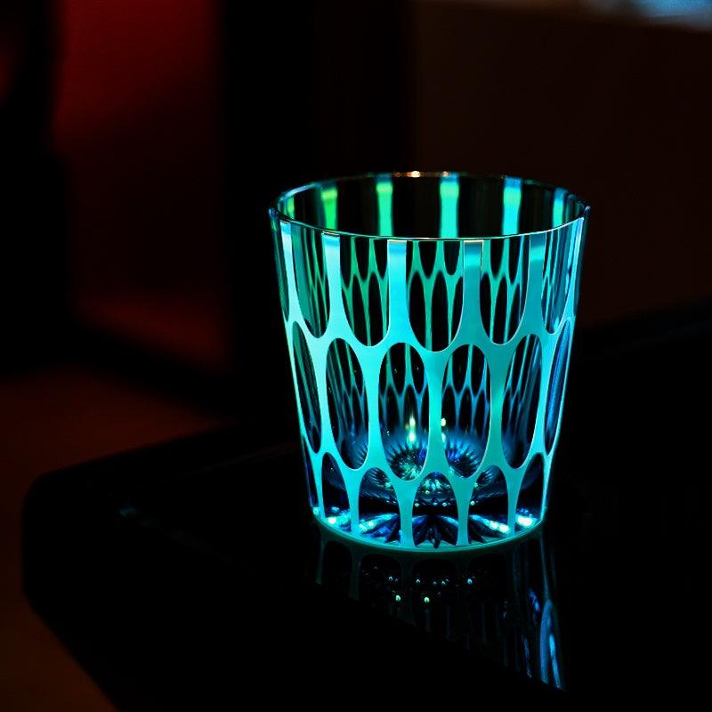 Edo Kiriko Handcrafted Aomidori Wave Glass With Wooden Box