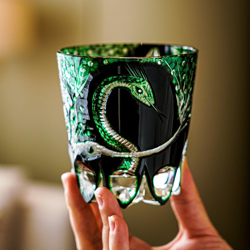 Edo Kiriko Handcrafted Green Serpent Whisky Glass With Wooden Box
