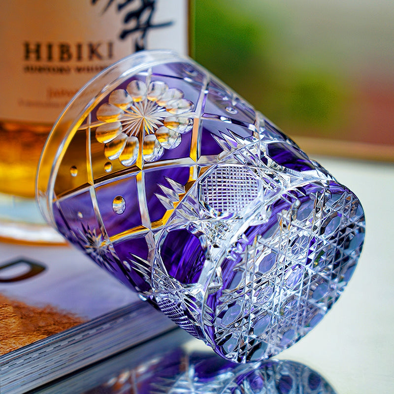 Edo Kiriko Handcrafted Violet Kohana Blossom Glass With Wooden Box
