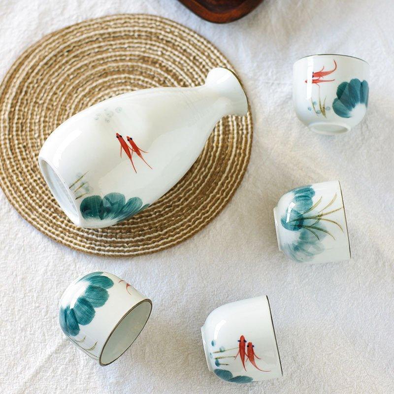 Japanese Handcrafted Goldfish Ceramic Sake Set