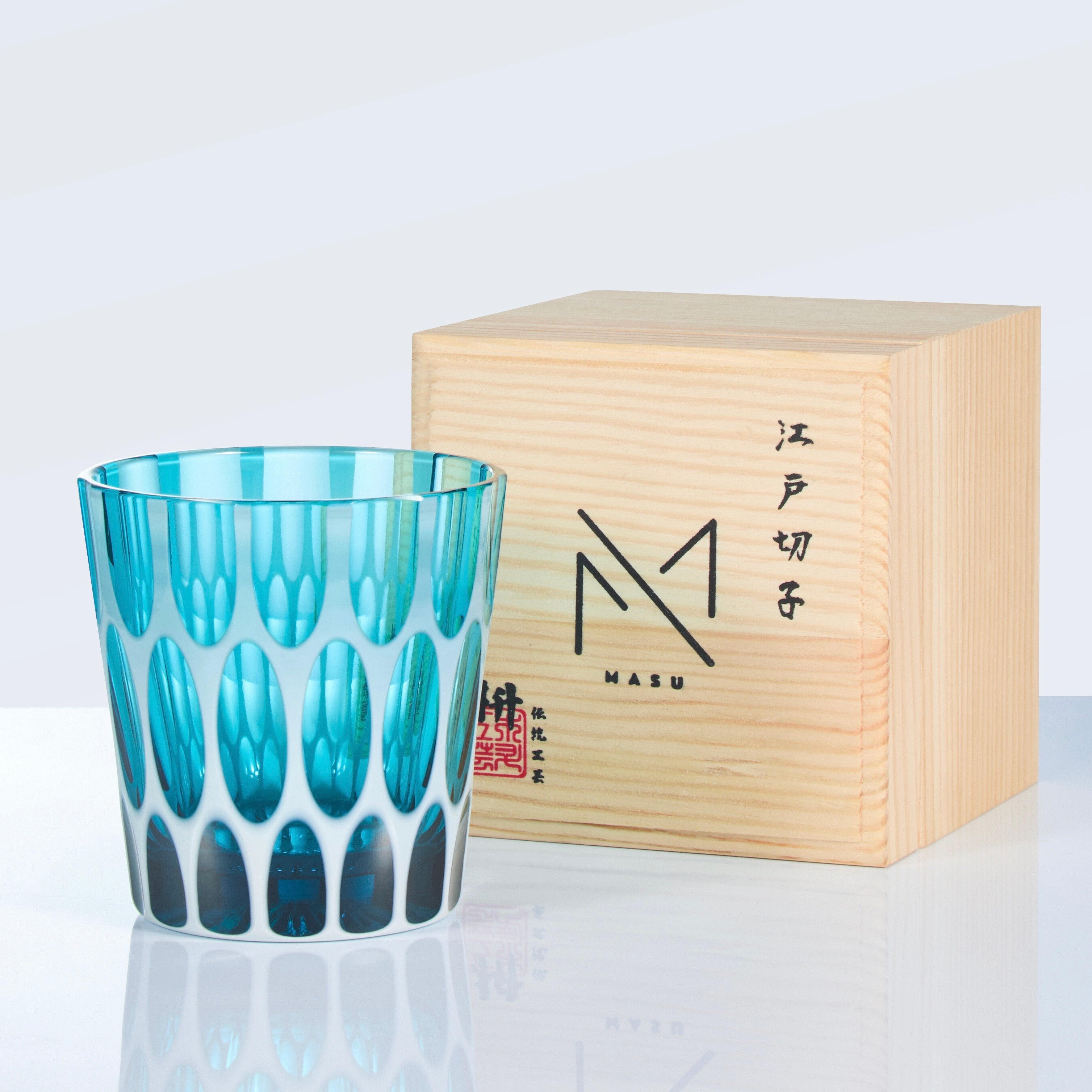 Edo Kiriko Handcrafted Aomidori Wave Glass With Wooden Box