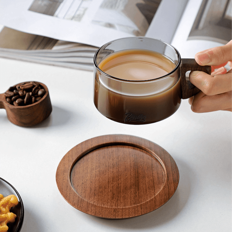 Wide Glass Coffee Mug With Wooden Handle Sets