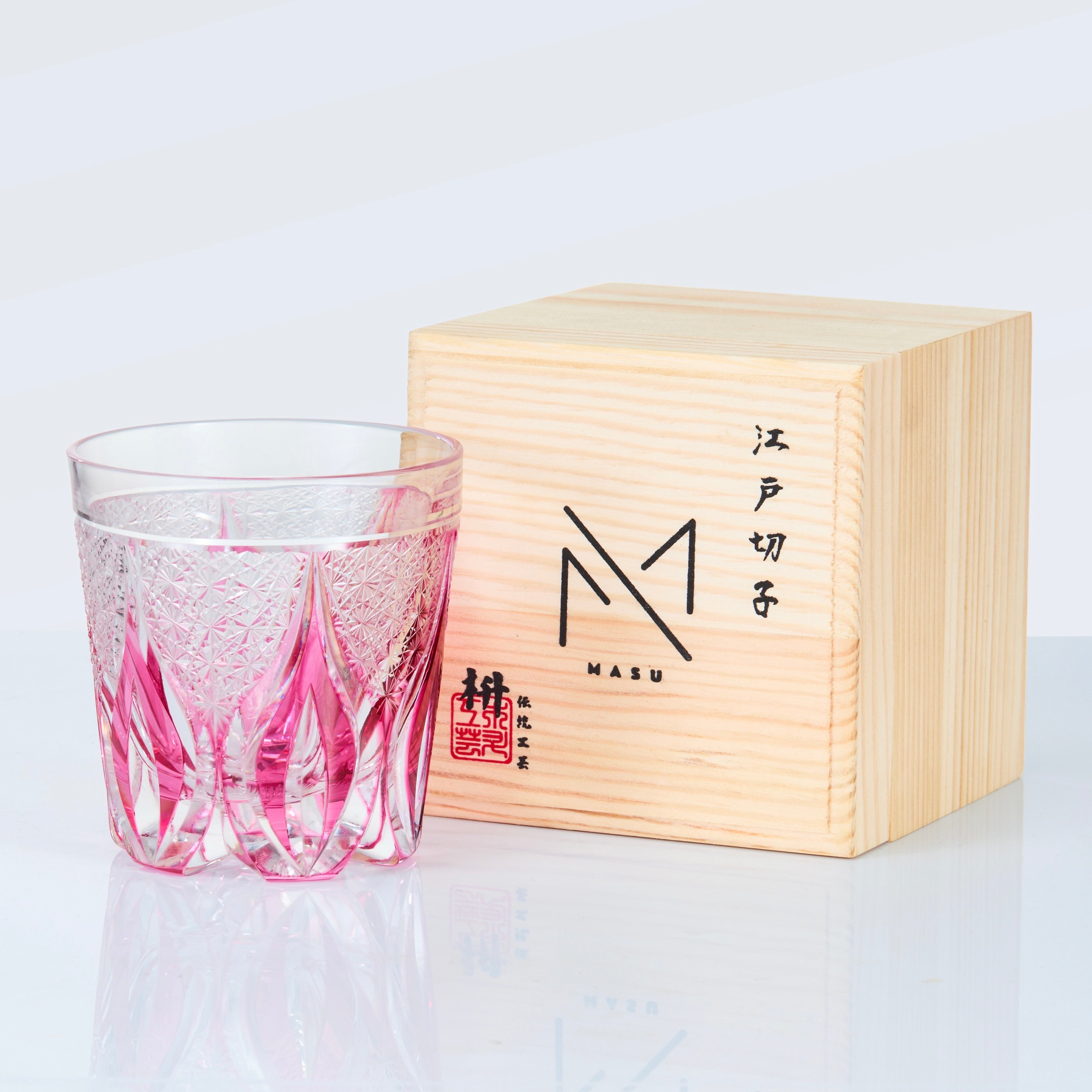Edo Kiriko Handcrafted Crimson Flame Whisky Glass With Wooden Box