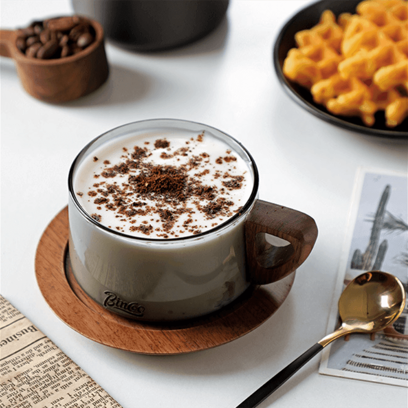 Wide Glass Coffee Mug With Wooden Handle Sets