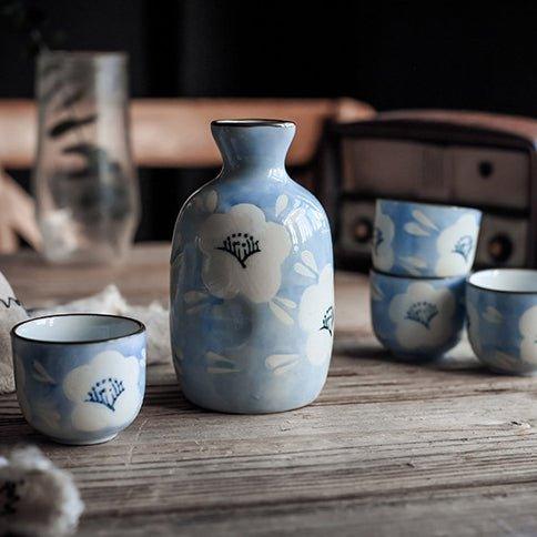 Japanese Handcrafted Blue Sakura Ceramic Sake Set