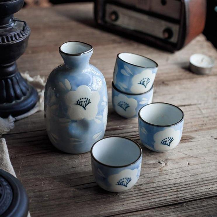 Japanese Handcrafted Blue Sakura Ceramic Sake Set