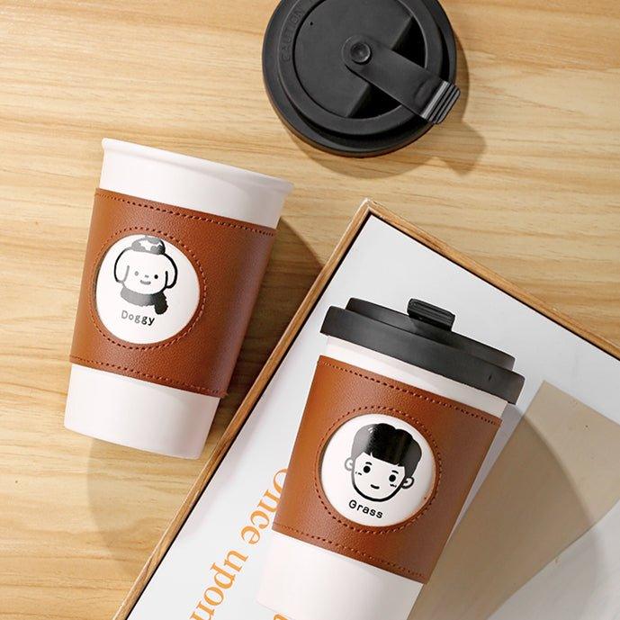 Ceramic Reusable Coffee Cup With Leather Sleeve