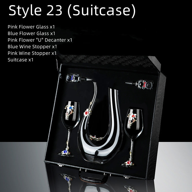 Metallic Flower Crystal Wine Glasses with Decanter Suitcase Set - MASU