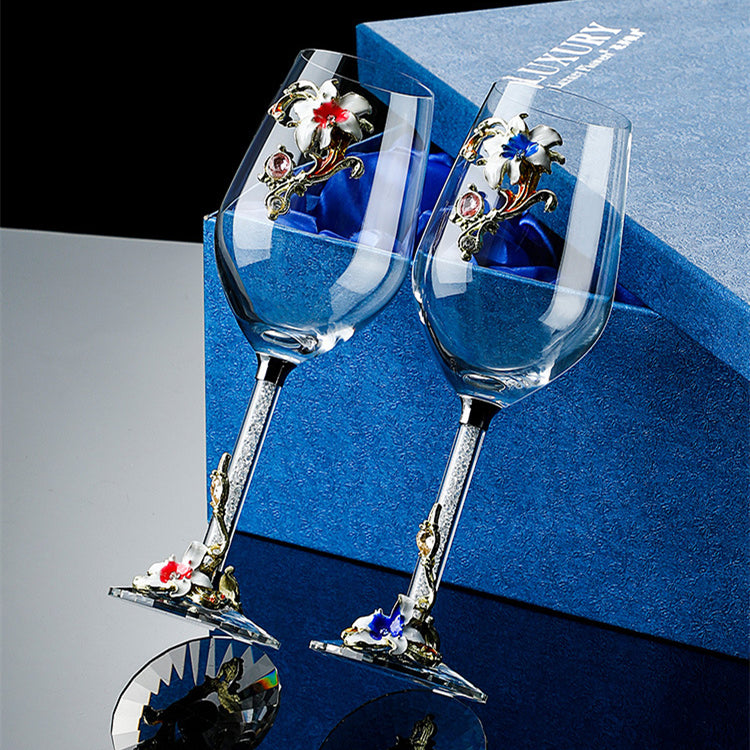 Metallic Flower Crystal Wine Glasses with Decanter Suitcase Set