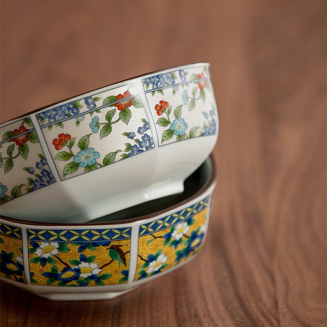 Japanese Mino Ware Court Dyed Brocade Octagonal Bowls Set