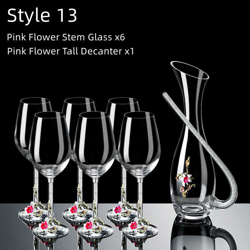 Metallic Flower Crystal Wine Glasses with Decanter Suitcase Set - MASU