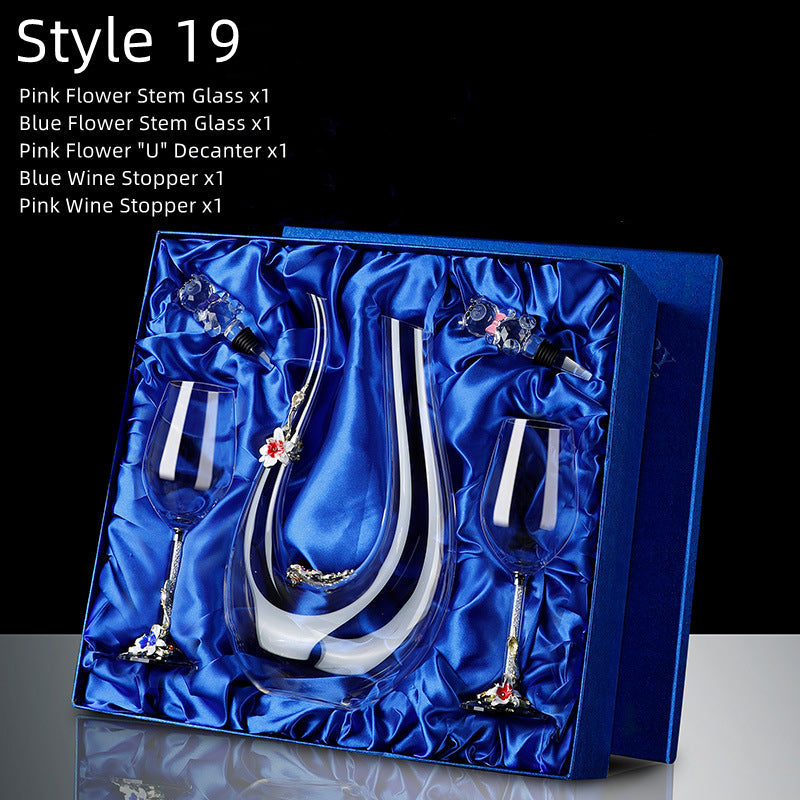Metallic Flower Crystal Wine Glasses with Decanter Suitcase Set - MASU