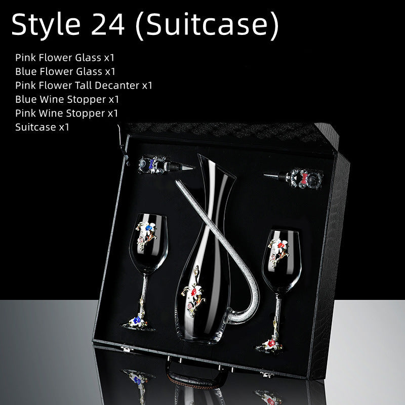 Metallic Flower Crystal Wine Glasses with Decanter Suitcase Set - MASU