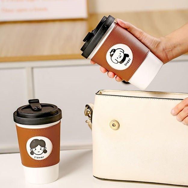 Ceramic Reusable Coffee Cup With Leather Sleeve