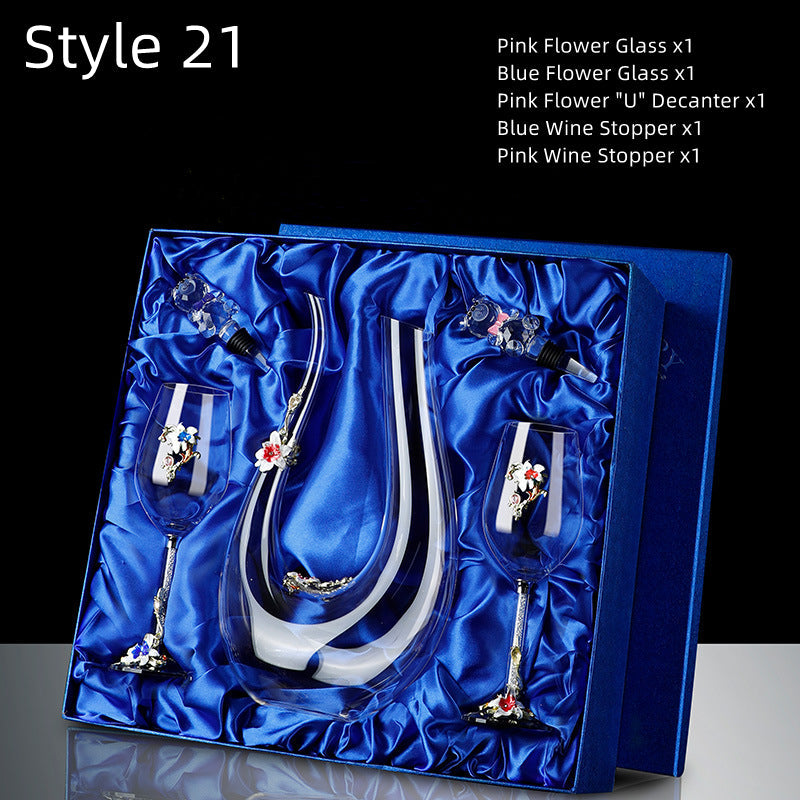 Metallic Flower Crystal Wine Glasses with Decanter Suitcase Set - MASU