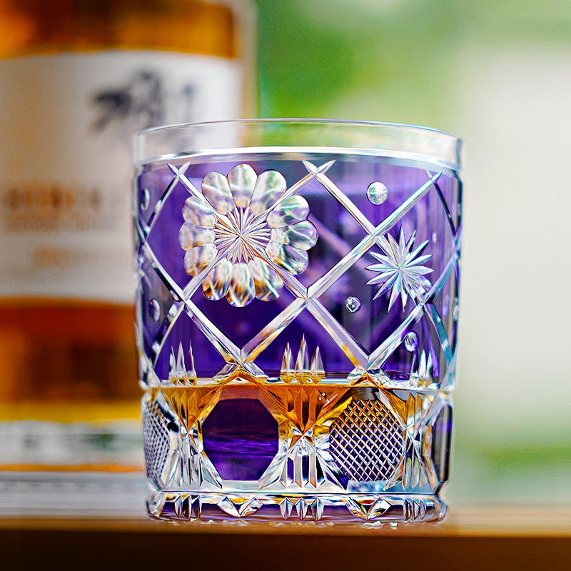 Edo Kiriko Handcrafted Violet Kohana Blossom Glass With Wooden Box