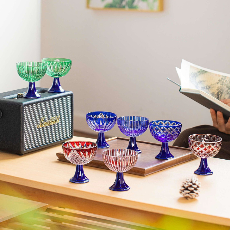 Edo Kiriko Handcrafted Takadai Komon Grand Sake Glass Collection