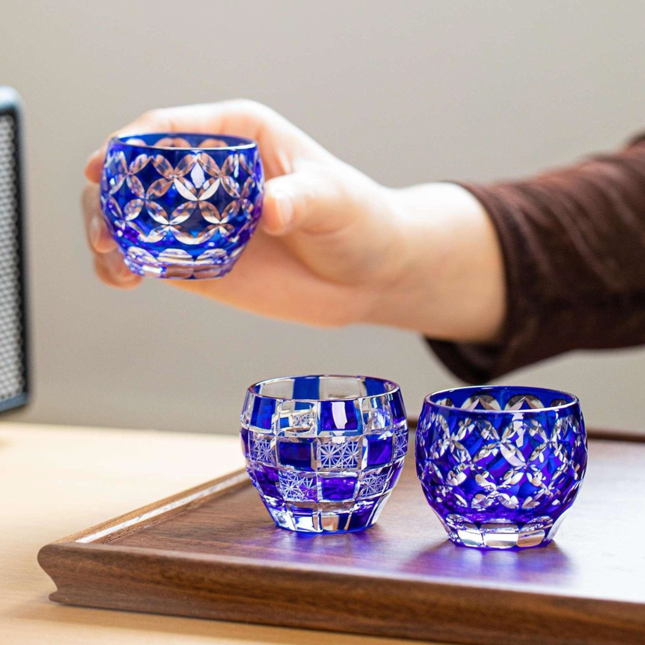 Edo Kiriko Handcrafted Ruri Guinomi Sake Glass Collection