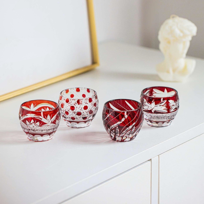 Edo Kiriko Handcrafted Akebono Guinomi Sake Glass Collection