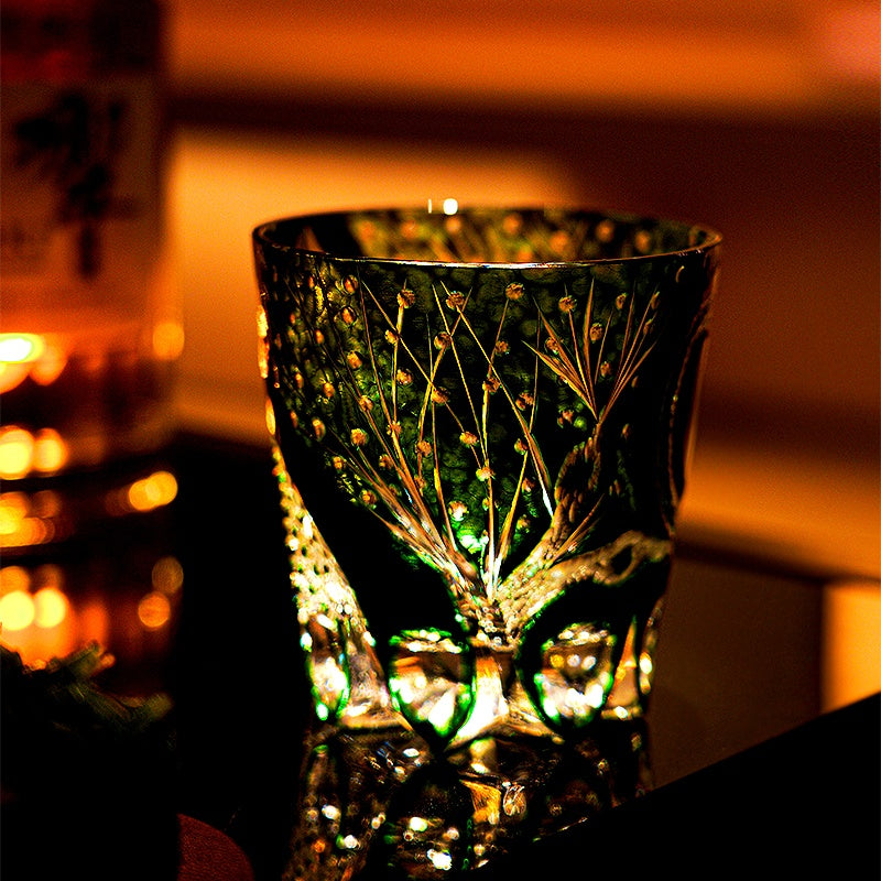 Edo Kiriko Handcrafted Green Serpent Whisky Glass With Wooden Box