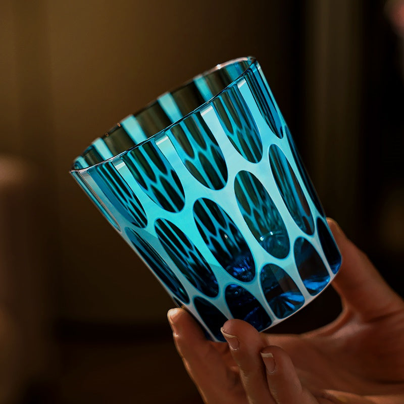 Edo Kiriko Handcrafted Aomidori Wave Glass With Wooden Box