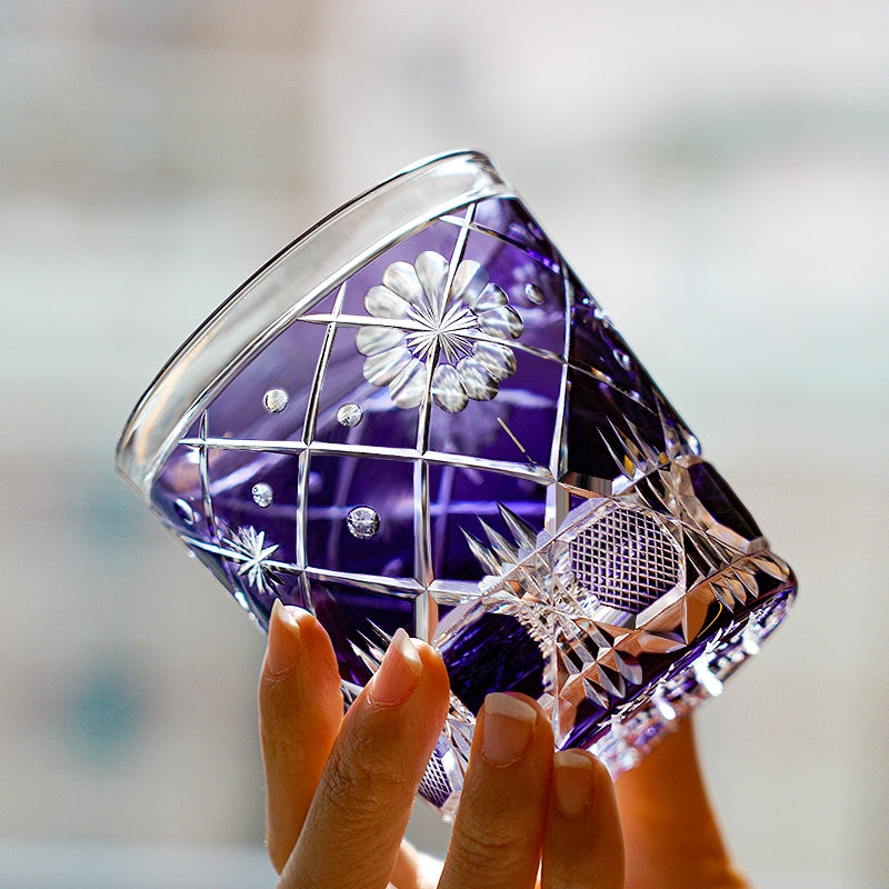 Edo Kiriko Handcrafted Violet Kohana Blossom Glass With Wooden Box