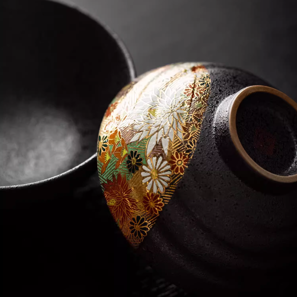 Kutaniyaki Golden Floral Sea Couple Bowl Set
