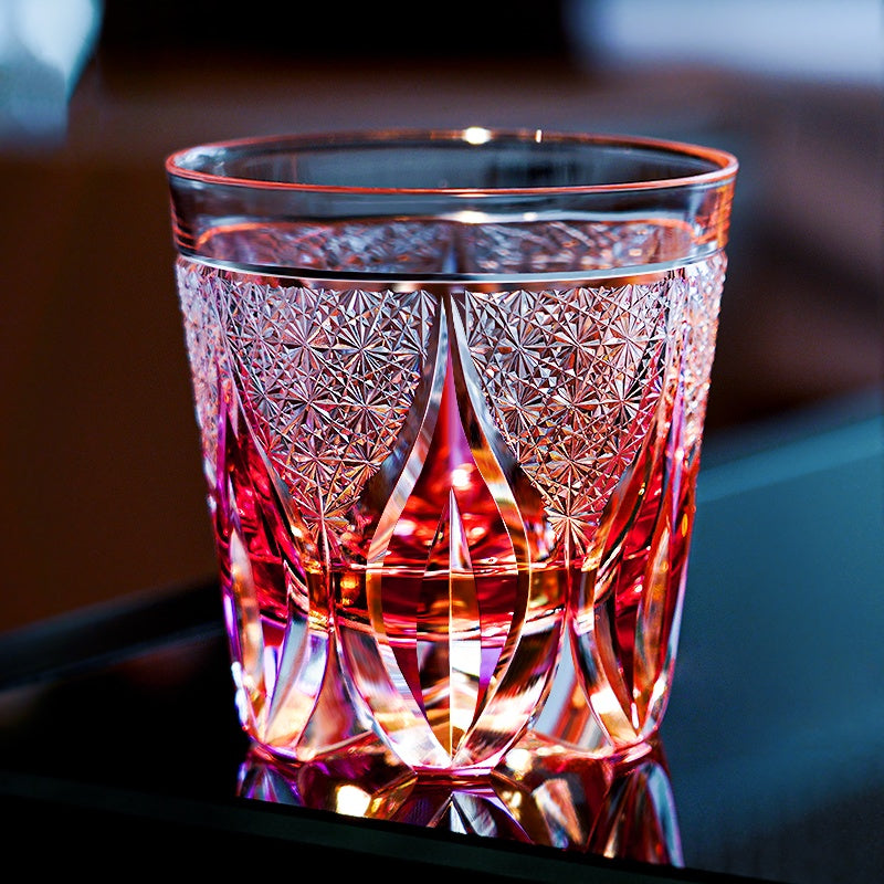 Edo Kiriko Handcrafted Crimson Flame Whisky Glass With Wooden Box