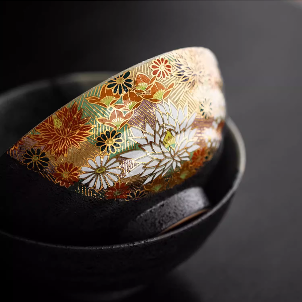 Kutaniyaki Golden Floral Sea Couple Bowl Set