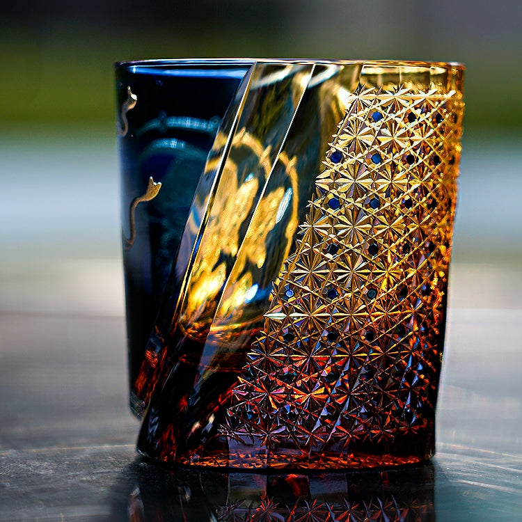 Edo Kiriko Handcrafted Raijin Whisky Glass With Wooden Box