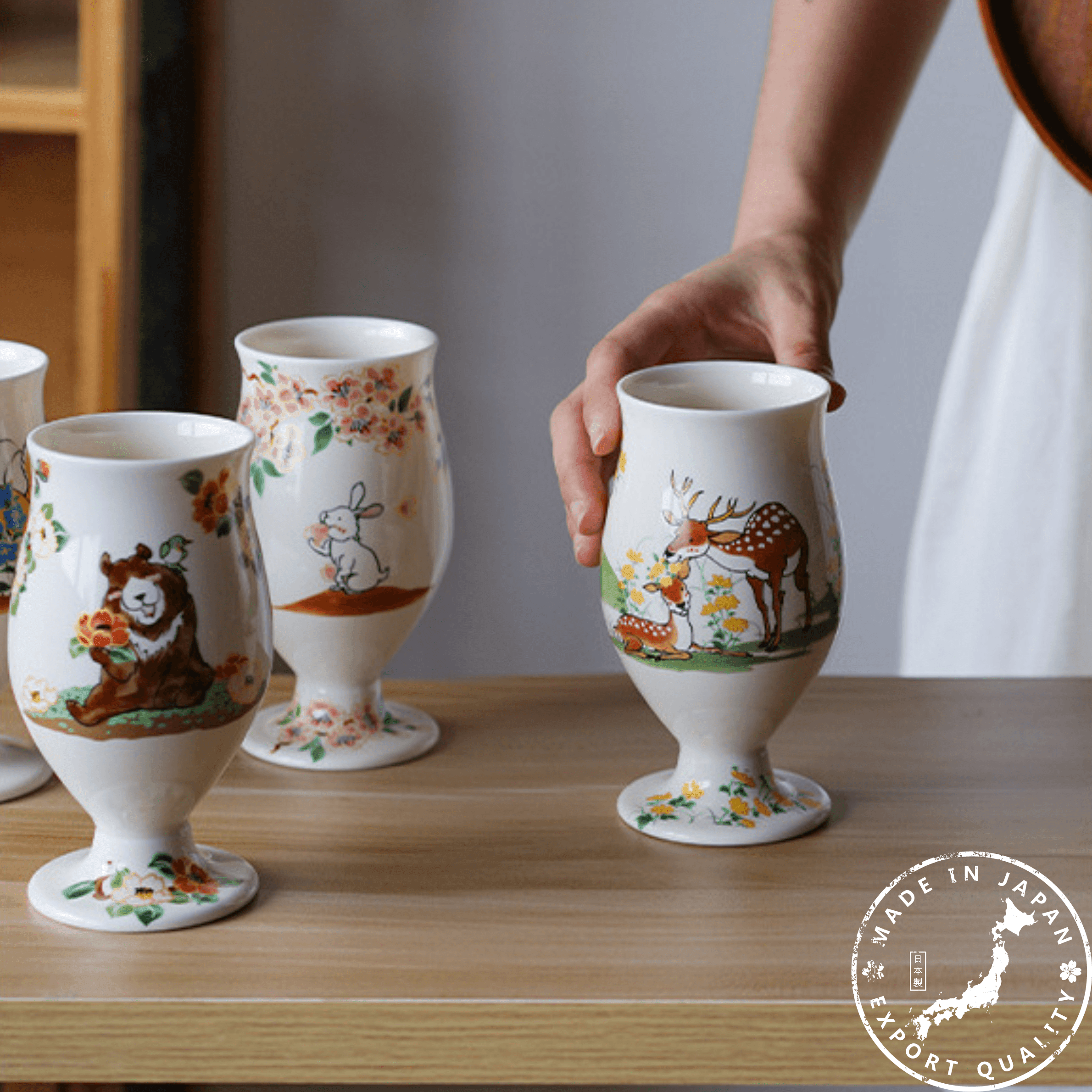 Japanese Tamikazu Hayashi Hand-painted Animal Theme Ceramic Tall Cup Gift Sets