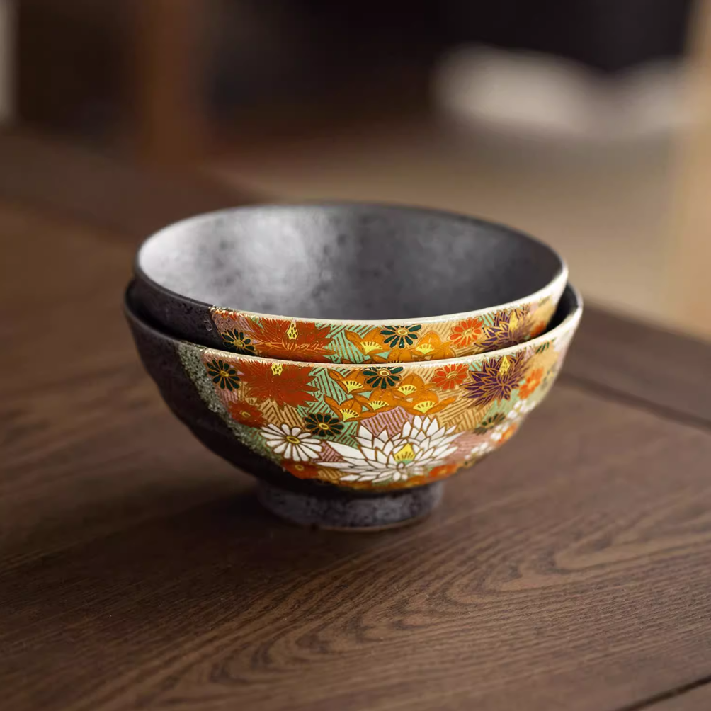 Kutaniyaki Golden Floral Sea Couple Bowl Set