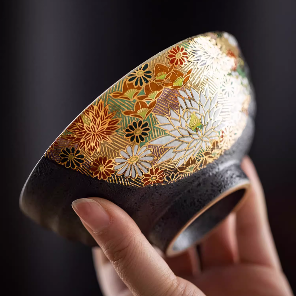 Kutaniyaki Golden Floral Sea Couple Bowl Set
