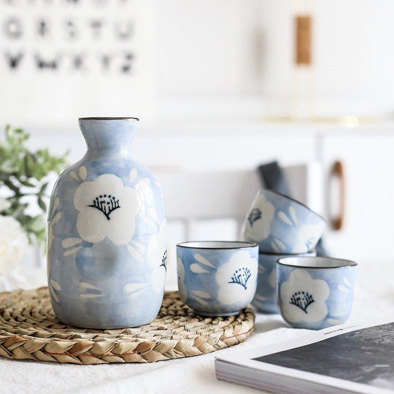 Japanese Handcrafted Blue Sakura Ceramic Sake Set