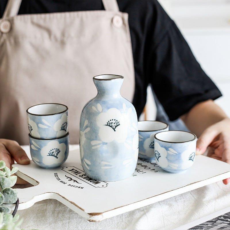 Japanese Handcrafted Blue Sakura Ceramic Sake Set