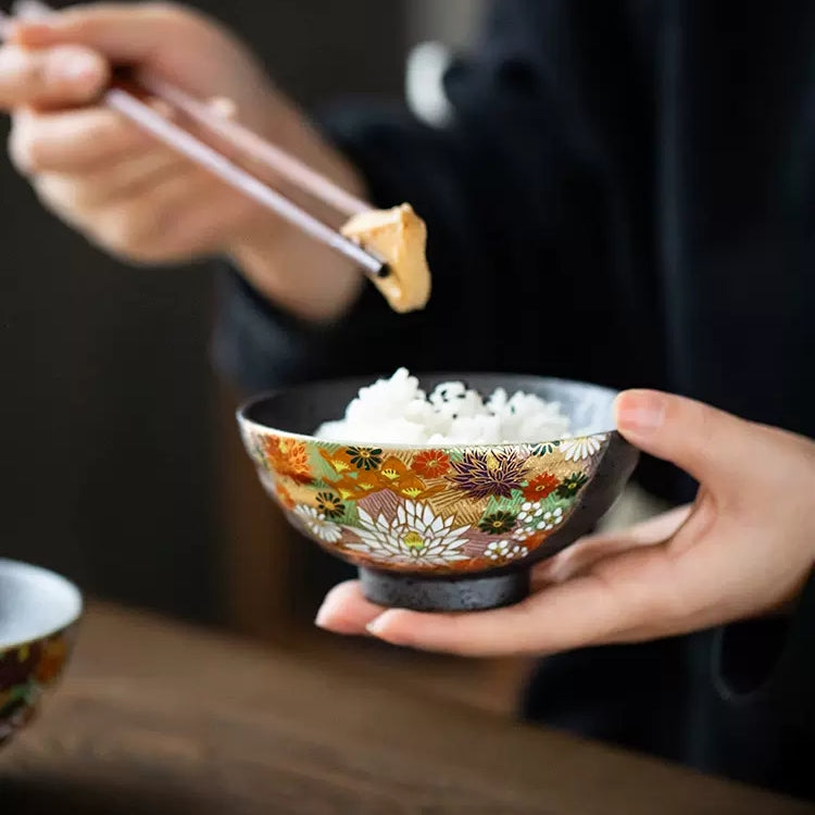 Kutaniyaki Golden Floral Sea Couple Bowl Set