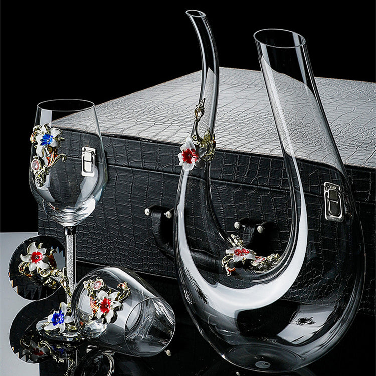 Metallic Flower Crystal Wine Glasses with Decanter Suitcase Set